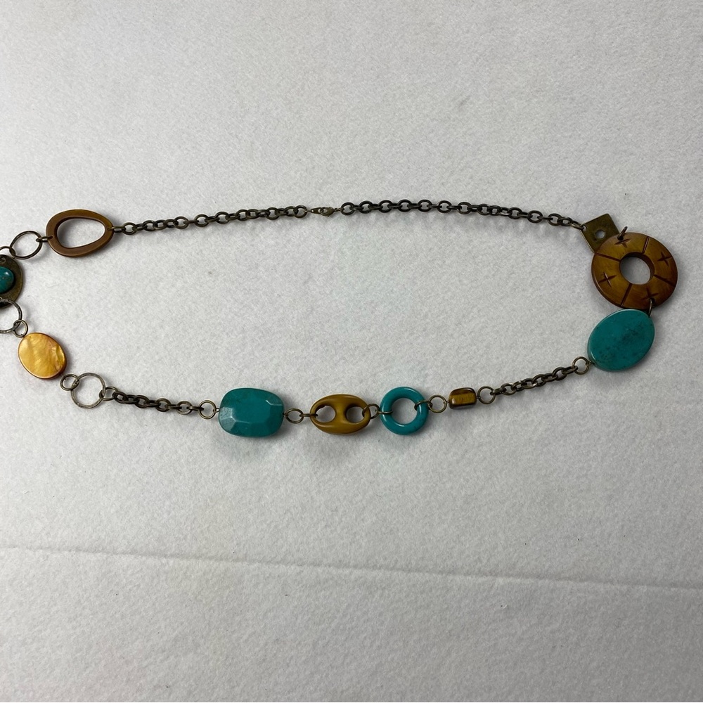 Long Bronze 34” Turquoise Brown and Amber Chain Necklace